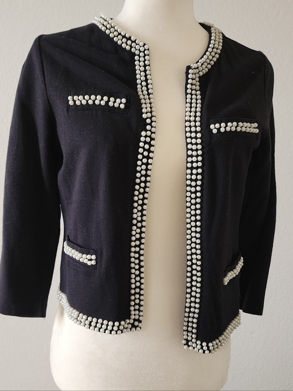 Forever 21 Black Open-Front Jacket with Pearl Trim